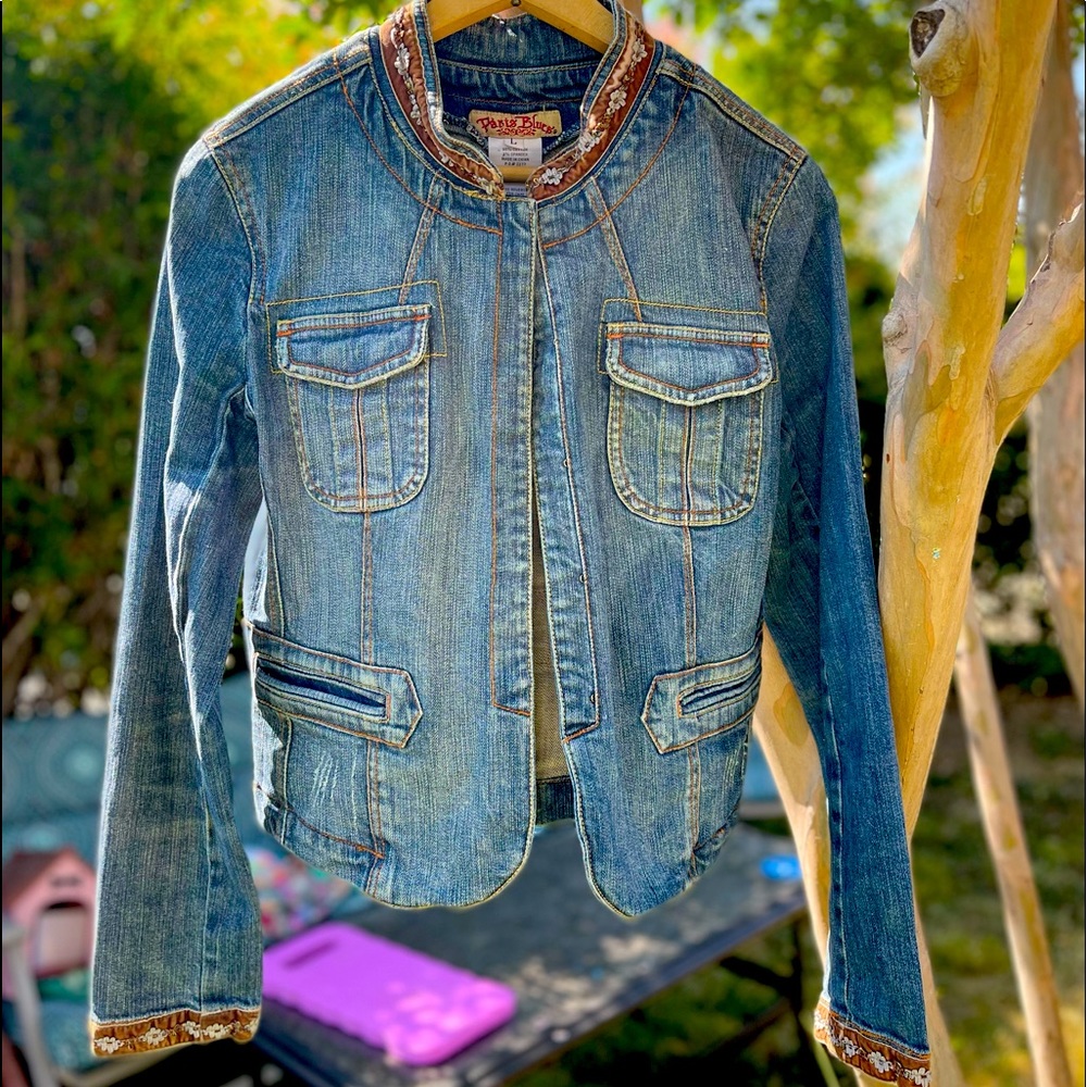 Ladies size large denim jacket. Velvet and ribbon embellishments.